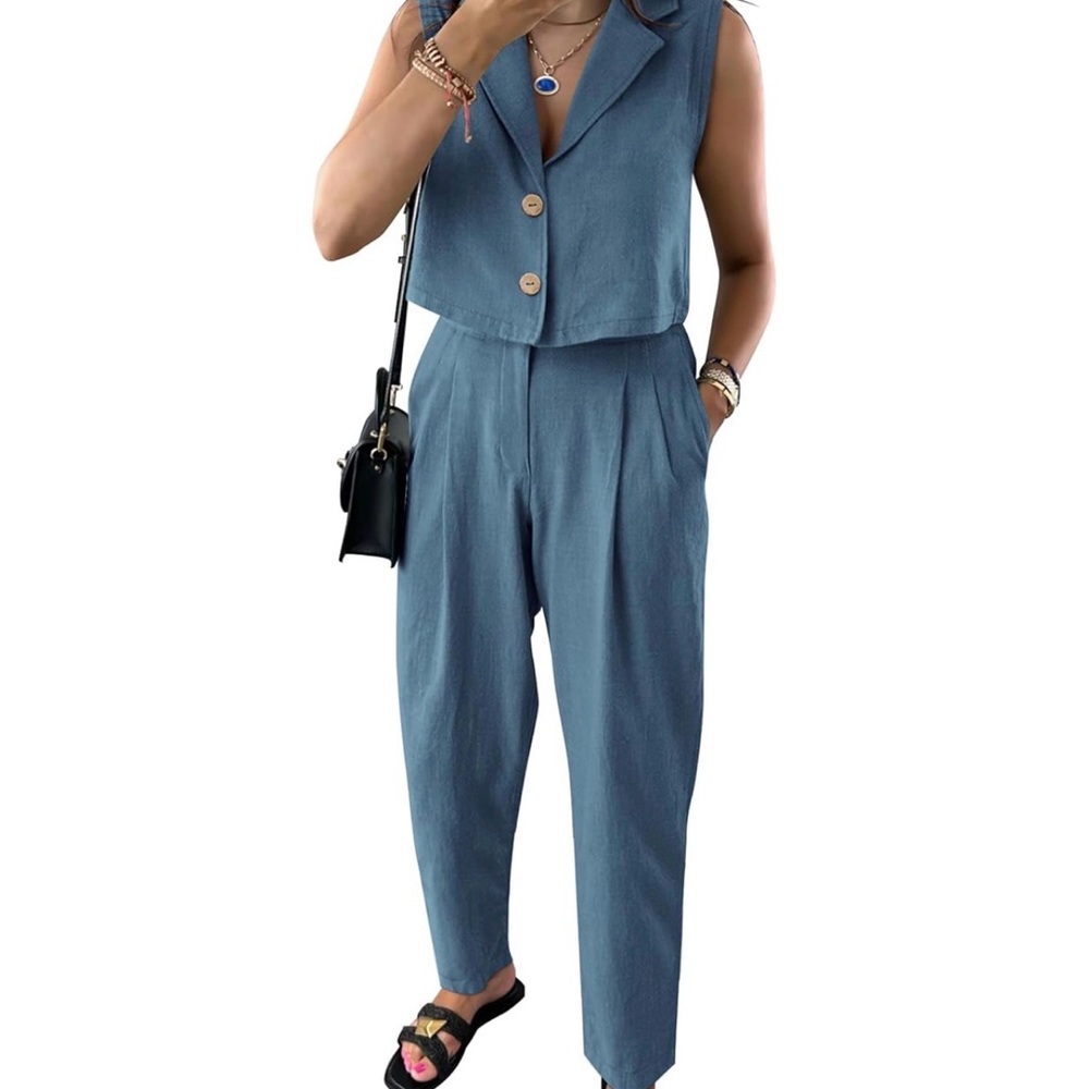 Sleeveless V-Neck Crop Top and High-Waist Pants Set - Blue